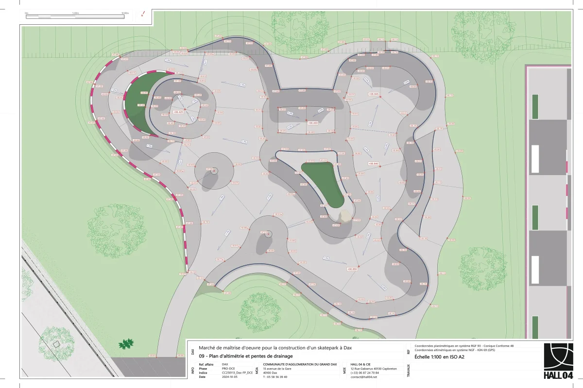 Documentació gràfica del projecte bàsic i executiu de la segona fase del skatepark de DAX (flowpark), França. Per encàrrec de Cruise-control. Serveis prestats a l'empresa Hall 04.