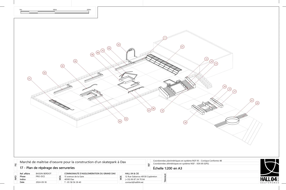 Documentació gràfica del projecte bàsic executiu de la primera fase del skatepark de DAX, França. Per encàrrec de Cruise-control. Serveis prestats a l'empresa Hall 04.